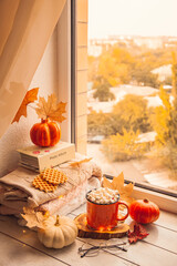 Cozy autumn still life on the windowsill: warm wool sweaters, pumpkins, maple leaves and a Cup of cocoa with marshmallows