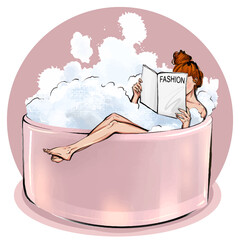 Relaxed woman taking bath reading fashion magazine vector illustration. Female lying in foam bubbles holding journal. Addicted girl in pink bathtub. woman body selfcare.