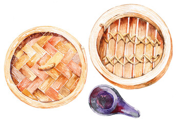 Dim sum. Black and white linear graphic. Ink hand drawing. Asian food. Chinese cuisine. Hand drawn illustration. Menu for cafe, restaurant, street festival, farmers market, poster, banner, sticker.