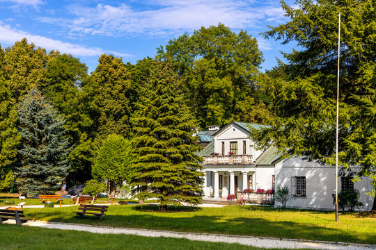 Panoramic view of park and historic museum manor house of Mikolaj Rej, polish renaissance poet and writer in Naglowice, Poland
