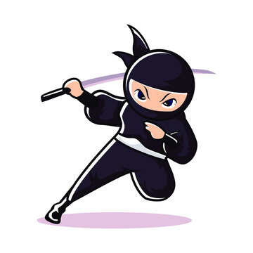 Mascot ninja jump with sword ready to attack