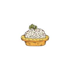 Small tartlet appetizer with white cheese, sketch vector illustration isolated.