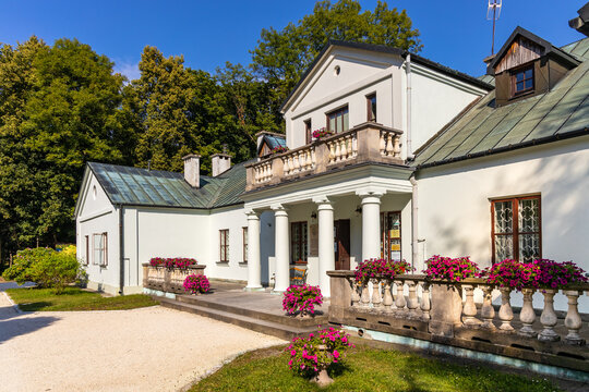 Panoramic view of park and historic museum manor house of Mikolaj Rej, polish renaissance poet and writer in Naglowice, Poland