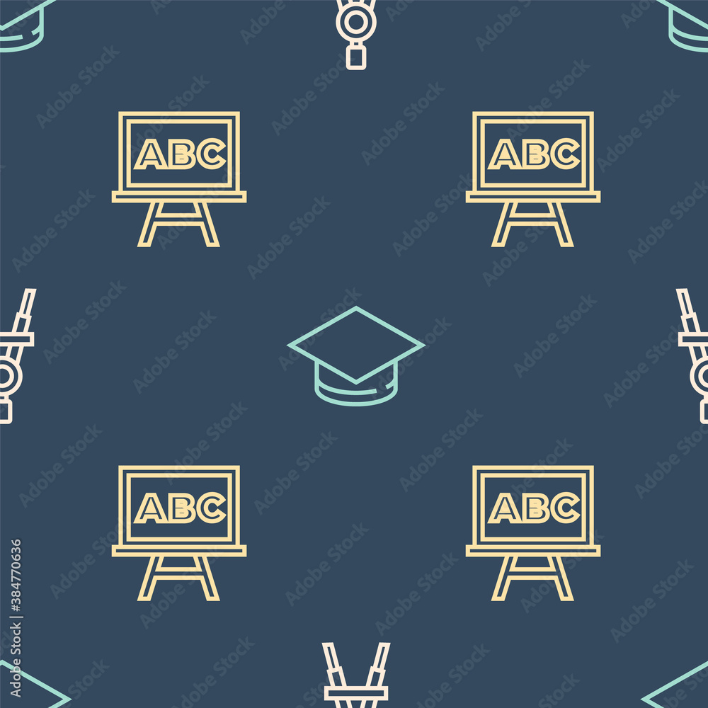 Poster set line drawing compass, chalkboard and graduation cap on seamless pattern. vector.