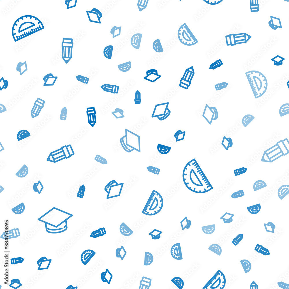 Poster set line graduation cap, protractor and pencil with eraser on seamless pattern. vector.