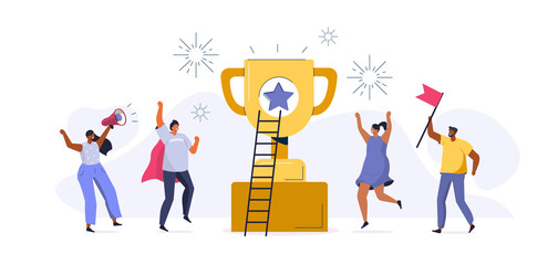 People Characters standing near Gold Cup and Celebrating Victory. Happy Woman and Man Successfully Achieve Reward. Winners and Prize. Business Goal Success Concept. Flat Cartoon Vector Illustration.