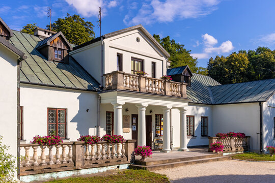 Panoramic view of park and historic museum manor house of Mikolaj Rej, polish renaissance poet and writer in Naglowice, Poland