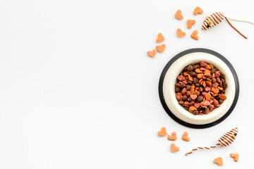 Pet food and cat treats, overhead view