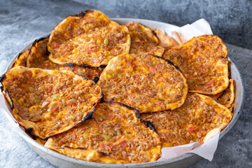 Traditional delicious Turkish foods; Lahmacun (Turkish pizza). Homemade lahmacun during the lockdown