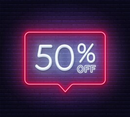 50 percent off neon sign on brick wall background. Vector illustration.