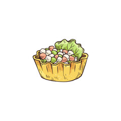 Small tartlet snack with topping of cheese sketch vector illustration isolated.
