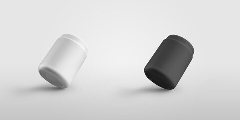 Set of matte pill jars, organic supplement isolated on background.