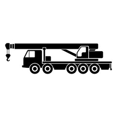 Truck crane icon. Heavy construction equipment. Black silhouette. Side view. Vector flat graphic illustration. The isolated object on a white background. Isolate.