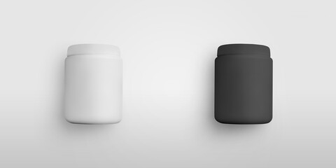 Template of white, black, matte jar for cream, cosmetics, bottle with cap for presentation of design, pattern.