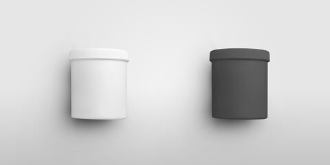 Template of empty plastic white and black jars for supplements, vitamin, pills, isolated on background with shadows.