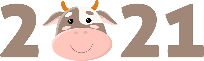 Vector 2021 header with bull. Calendar or postcard concept, isolated on white background