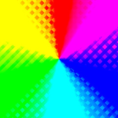 カラフルなグラデーション色のチェック柄の背景　虹色のドット柄　赤、青、黄色、ピンク、緑、紫、
