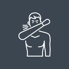 Cough related vector thin line icon. Man coughs at the bend of the elbow. Isolated on black background. Editable stroke. Vector illustration.