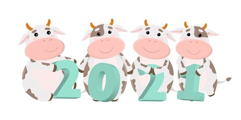 Vector 2021 header with bulls. Cute cows holding numbers. Calendar or postcard concept, isolated on white background