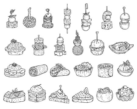 Set of appetizers or canape in line style, cartoon vector illustration isolated.
