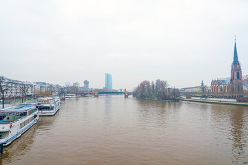 Obraz premium Frankfurt, Germany - January 22, 2019: River view of Frankfurt am Main, Germany