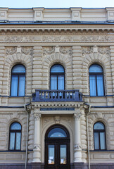 Beautiful building architecture entrance decor in St Petersburg, Russia. Historic building exterior front view