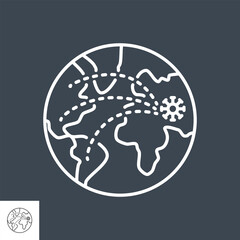 Pandemia related vector thin line icon. The spread of the virus around the globe. Isolated on black background. Editable stroke. Vector illustration.