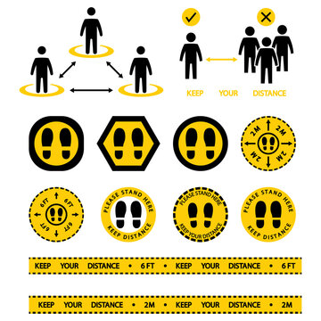 Stand Here Sign. Social Distancing Icon. Keep The 2 Meter Or 6 Feet Distance. Avoid Crowds. Safe Distance. Apart Yellow Tape Warning. Footprint Floor Sticker, Stand Here. Vector