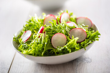 Bowl of a salad leaves with sliced radished placed on a table