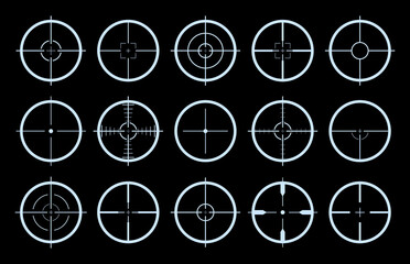 Target on crosshair of gun. Sniper sight icons. Cross scope for rifle of army. Logo for military games. Shot in aim. Lens with focus pointer for weapon. Precise telescope. Radar symbols. Vector