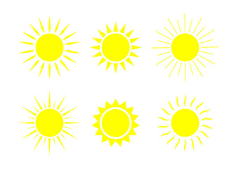 Sun icons. Sunshine graphic shapes. Symbol of summer sunlight weather. Set of cartoon sunrises. Yellow silhouettes of suns. Logos for sunset, sunny spring morning. Illustration for happy. Vector
