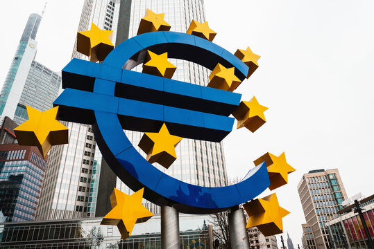 Frankfurt, Germany - January 22, 2019: Euro Sign. European Central Bank (ECB) is the central bank of the euro and administers the monetary policy of the Eurozone in Frankfurt, Germany.