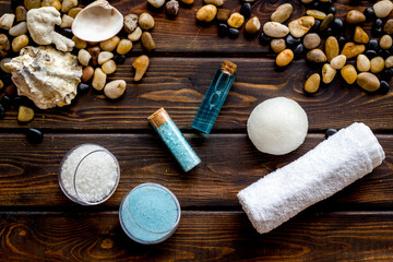 Fototapeta na wymiar Homemade aroma cosmetics with sea salt and aroma body oil