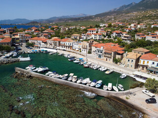 Aerial view of Aghios Nikolaos fish village and harbor in Mani, Greece