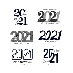 Big Set of 2021 text design pattern. Collection of logo 2021 Happy New Year and happy holidays. Minimalist templates with typography for celebration. Vector illustration. Isolated on white background.