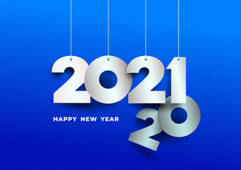 Happy New Year 2021 concept with paper cuted numbers on ropes. Change year from 2020 to 2021. Origami style. Christmas and Chinese New Year decoration. Vector illustration isolated on blue background.