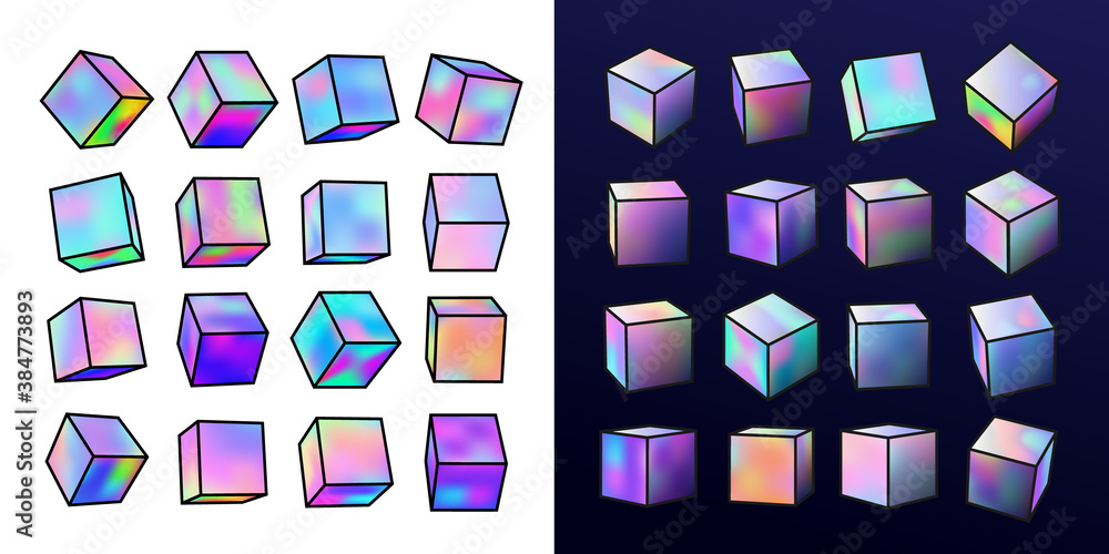 Poster set of holographic realistic metal cube. neon color geometric element in different positions. collec