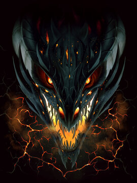 Black fire dragon in lava background