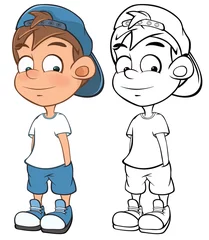Gordijnen Vector Illustration of a Cute Cartoon Character Boy  for you Design and Computer Game. Coloring Book Outline Set  © liusa
