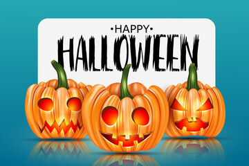 Helloween design with orange pumpkins with cut out glowing faces and a white banner sign with typography text on blue background. vector illustration.