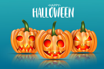 Halloween design with orange pumpkins with cut out glowing faces. Typography text on blue background. vector illustration.