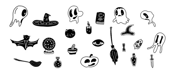 Background of Halloween set icons with with ghosts, a witch s broom and a hat. Template for packaging, cards, posters, menu. Vector stock illustration.