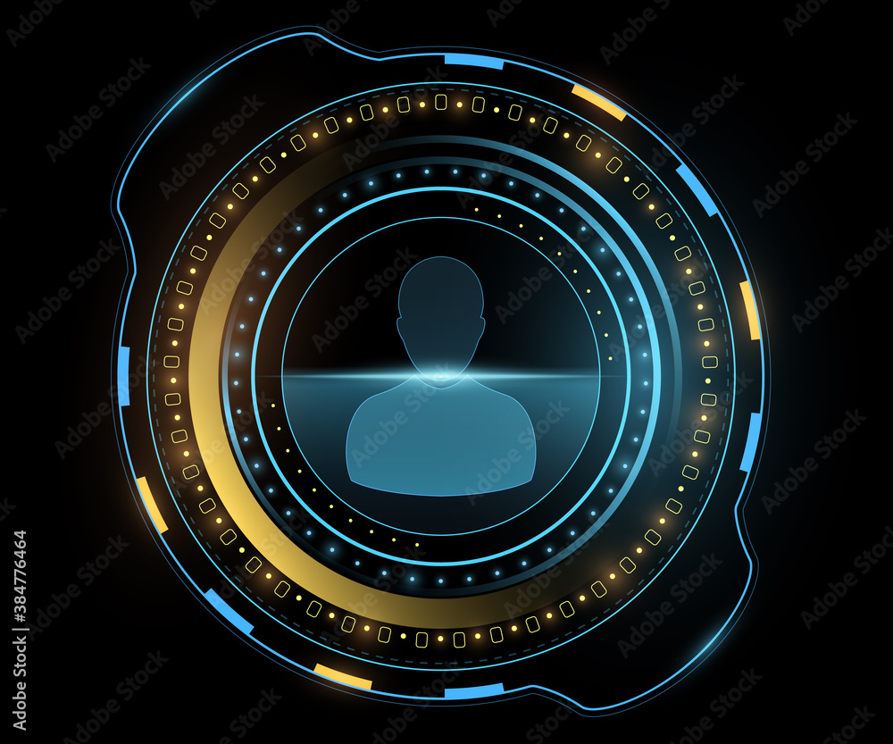Poster futuristic user interface. scanning human data. glowing yellow and blue ui hud display. high tech pa