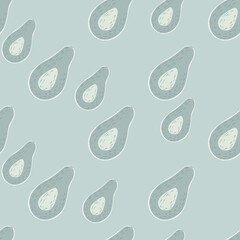 Soft tones seamless pattern with light blue half avocados elements. Hand drawn artwork with repeat vegan food elements.