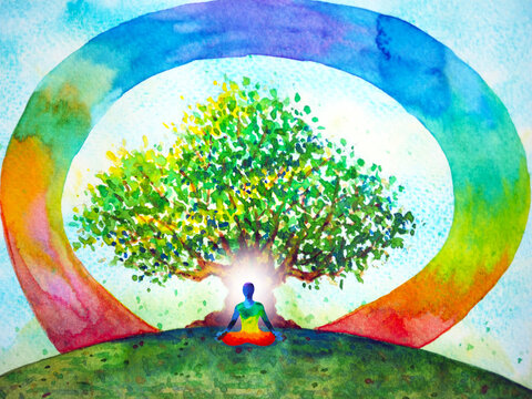human meditate mind mental health yoga chakra spiritual healing abstract energy meditation connect the universe power watercolor painting illustration design drawing art