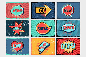 Comics style backgrounds set. Cartoon banners collection. Pop art templates with speech bubbles, text and frames.