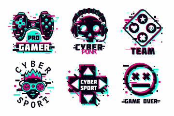 Game team emblem set. Glitch style vector signs. Cyber punk illustration set. Virtual reality sport icons.