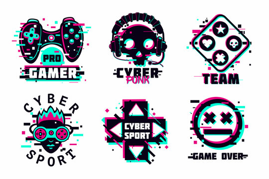 Game team emblem set. Glitch style vector signs. Cyber punk illustration set. Virtual reality sport icons.