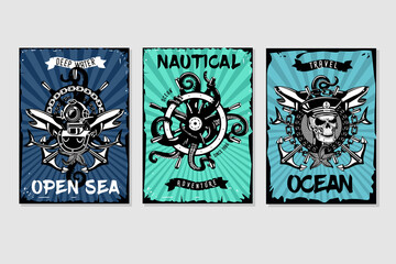 Nautical vintage posters set. Retro style cartoon illustrations. Water sport and sea resort backgrounds with grunge frames.