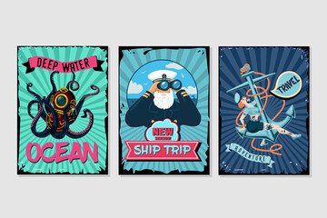 Nautical vintage posters set. Retro style cartoon illustrations. Water sport and sea resort backgrounds with grunge frames. Captain, sailor and octopus.
